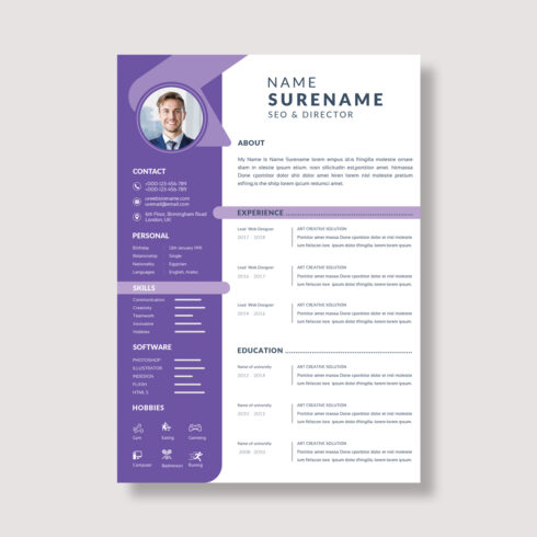Professional resume template with a purple background.