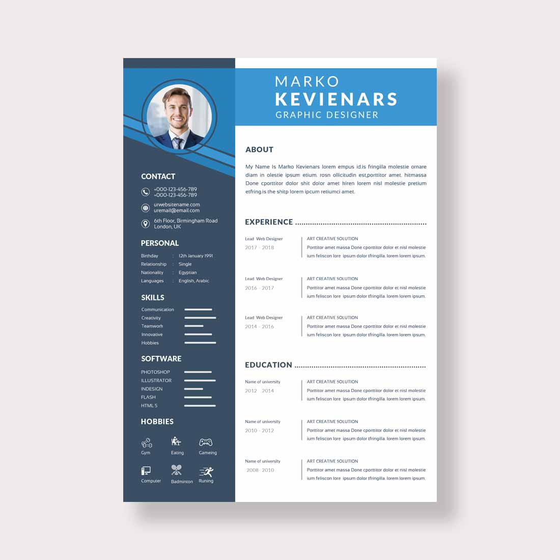 Professional resume template with blue accents.