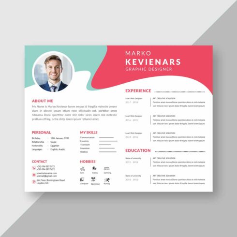 Professional resume template with a pink and blue color scheme.