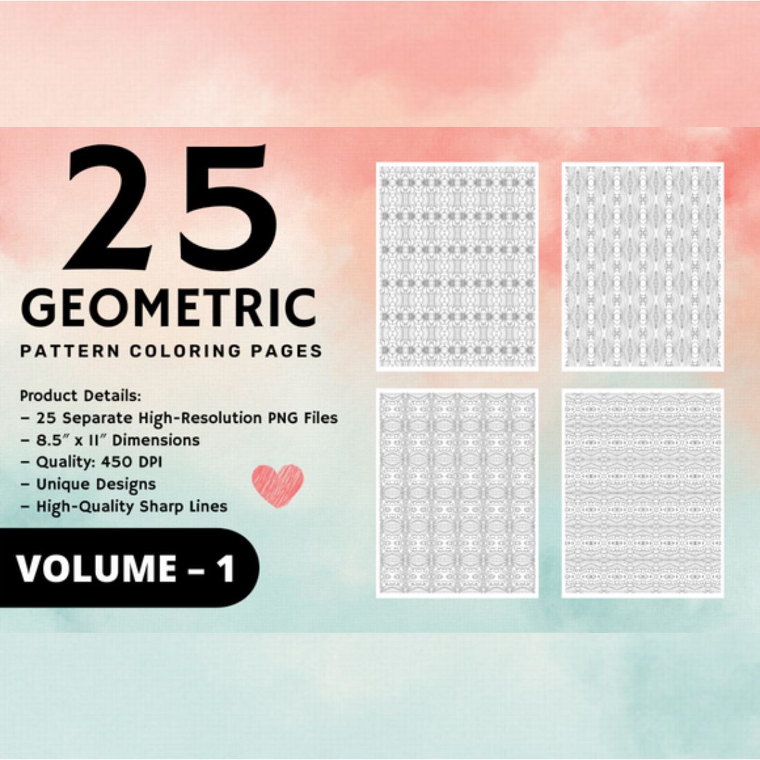 KDP Geometric pattern coloring pages Volume – 1 cover image.