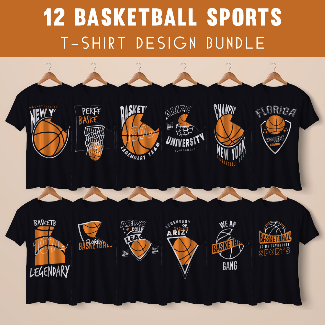 12 Basketball Sports T-shirt Design Bundle Vector Templated cover image.