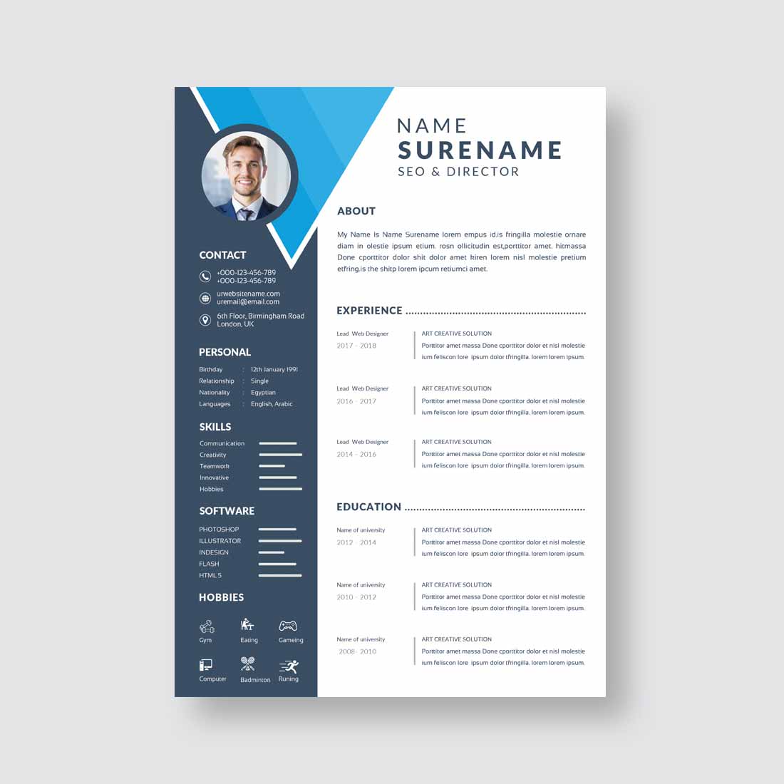 Professional resume template with blue accents.