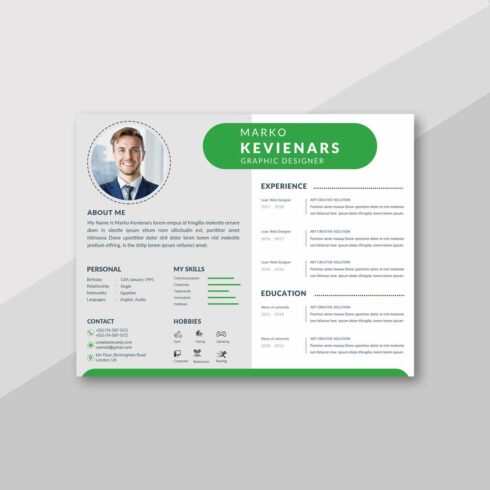 Professional resume template with green accents.