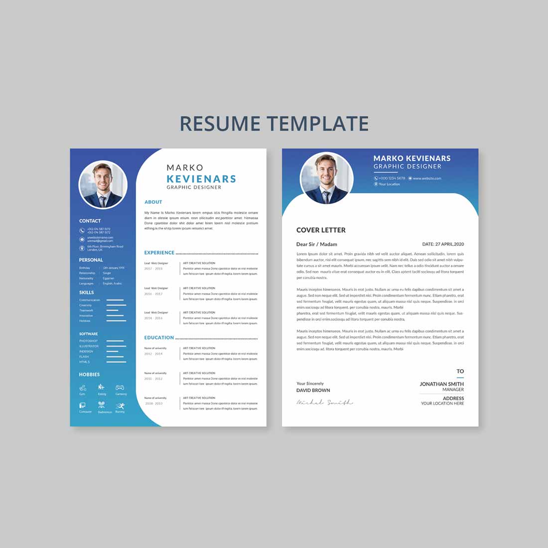 Professional resume template with a blue background.