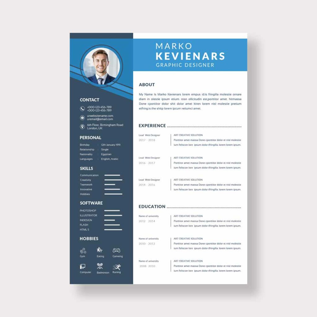 Resume Layout with Sidebar and Blue Elements - MasterBundles