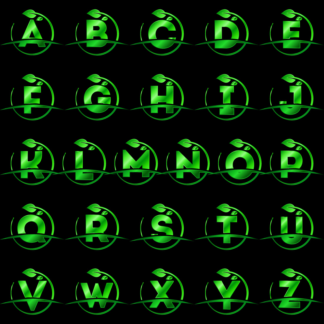 Initial A-Z monogram alphabet with circle leaf and swoosh Eco-friendly logo concept Font emblem cover image.