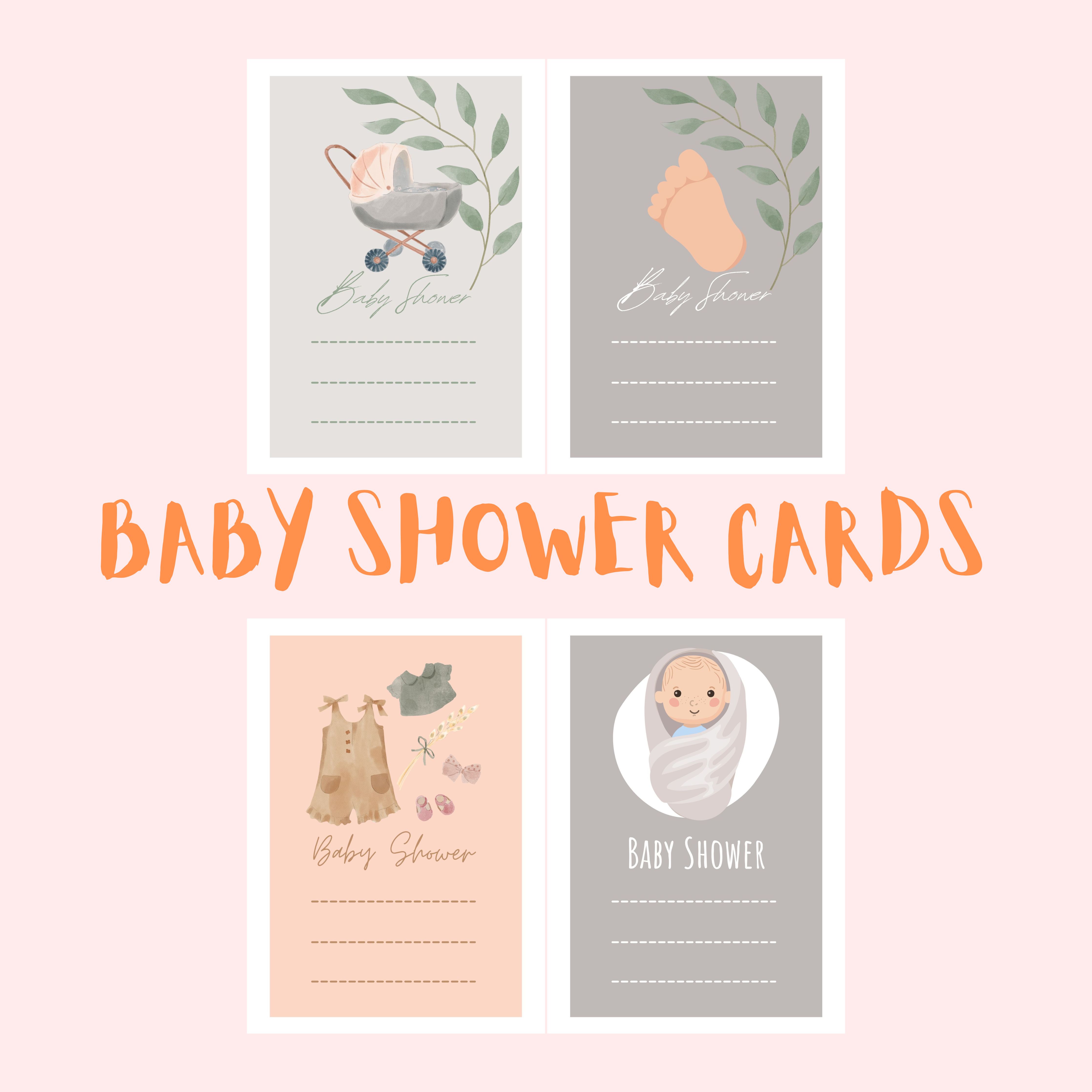 Baby shower card with a picture of a baby in a stroller.