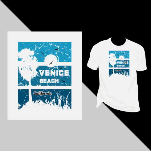 Venice beach, California Vintage Grunge Effect surfing boat, palm tree shirt design, print design, summer fashion cover image.