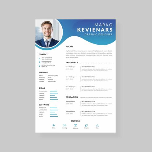 Professional resume template with a blue background.