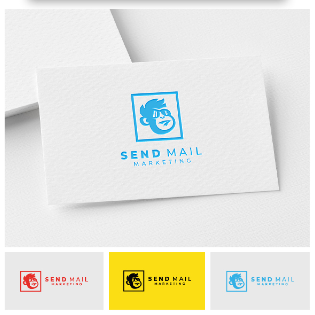 White business card with a blue and yellow logo.