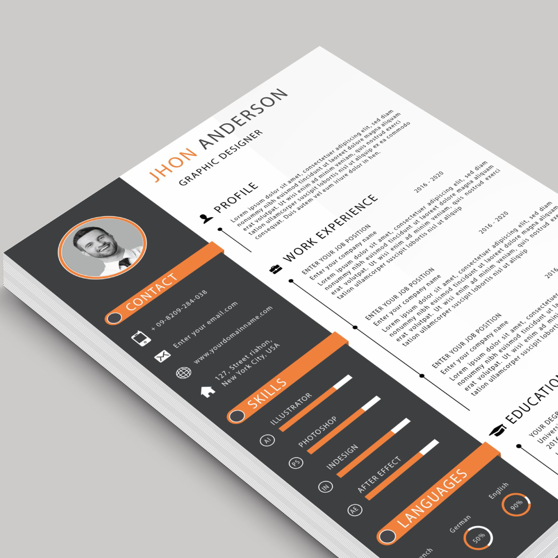 Professional resume template with orange accents.