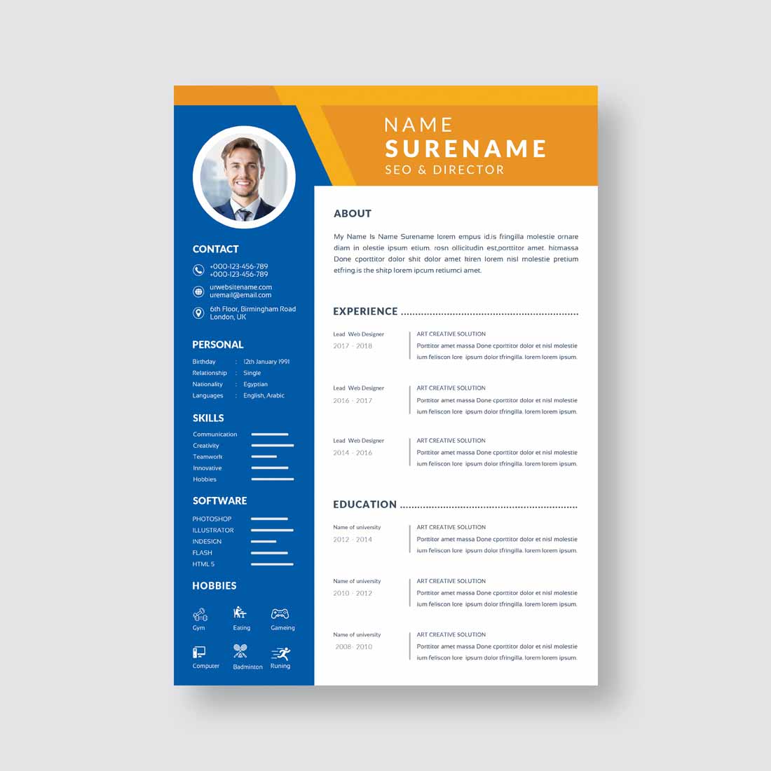 Blue and orange resume template.