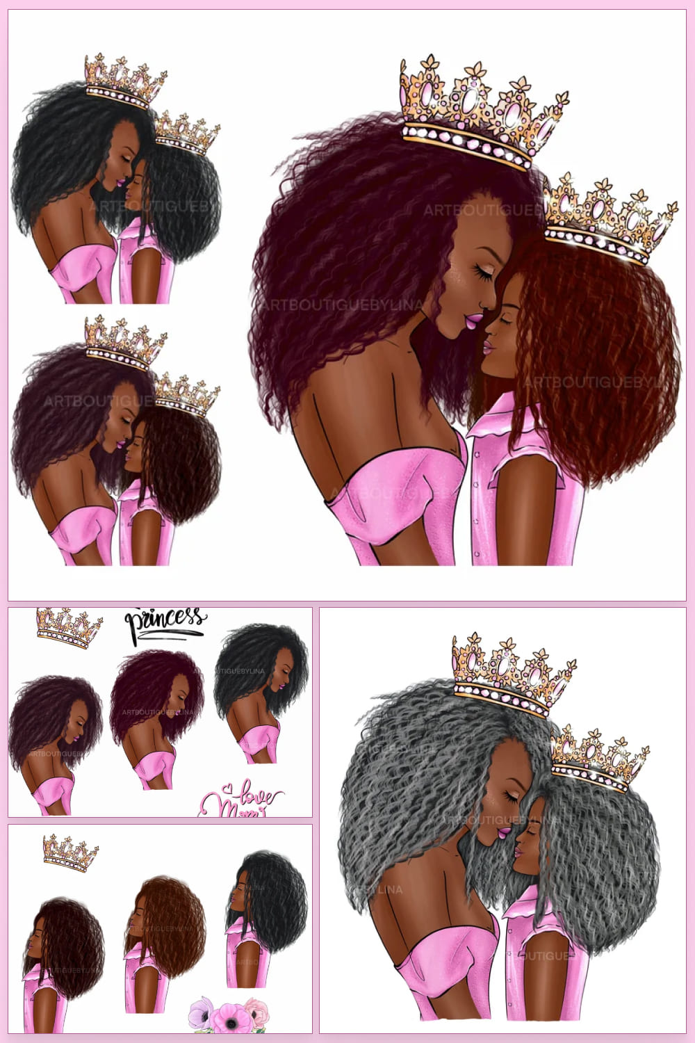 A collage of images of a black mother and daughter in pink clothes and a crown on their heads.