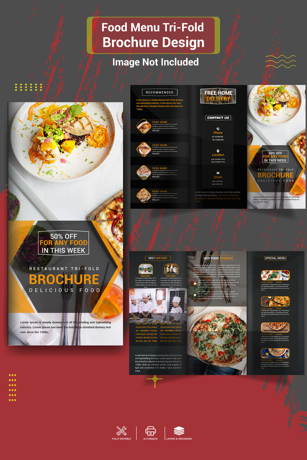 Restaurant Food Tri Fold Brochure Template Design pinterest preview image.