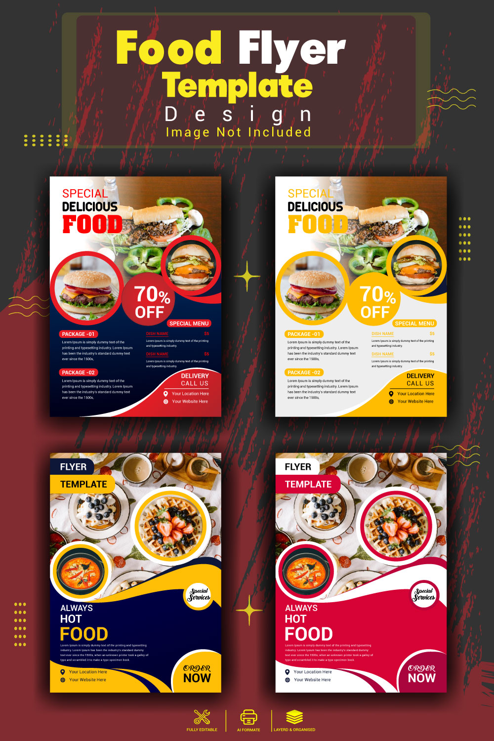 Restaurant food flyer template Design with Burger pinterest preview image.