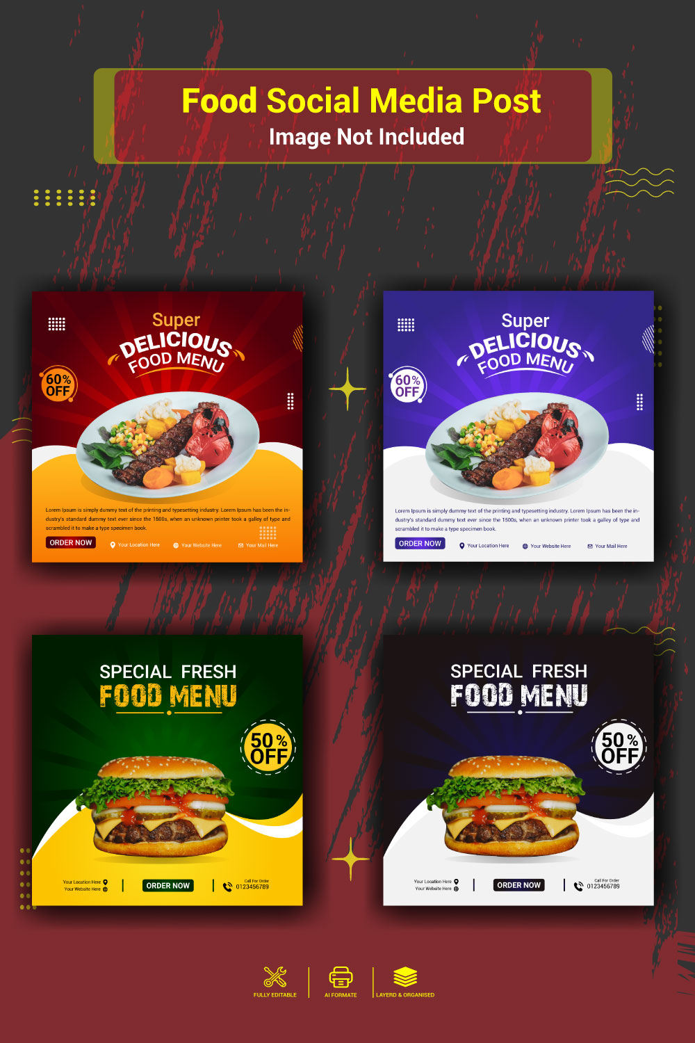 Restaurant Food social media post And Ads Web Banner template Design pinterest preview image.