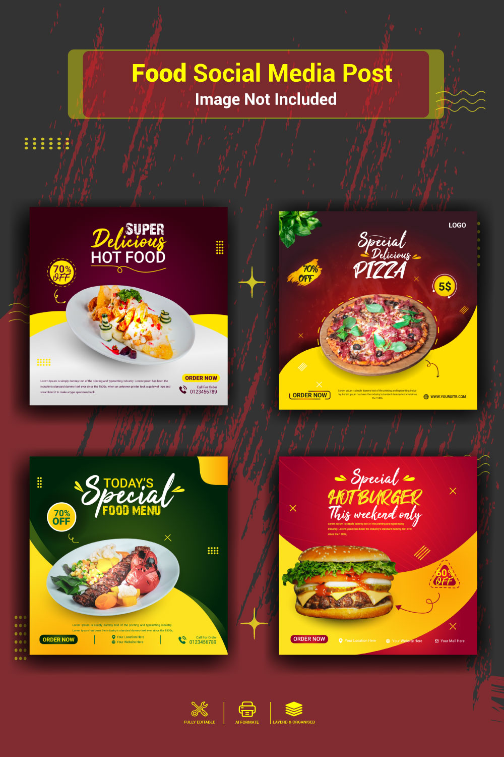 Food social media Post promotion and Ads banner template design pinterest preview image.