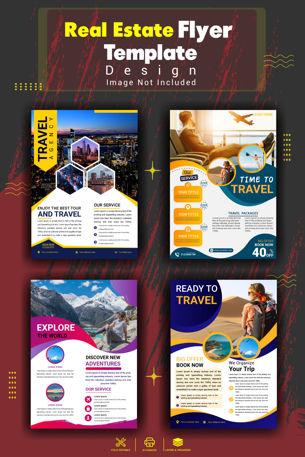 Travel Tour sale flyer vector template design pinterest preview image.