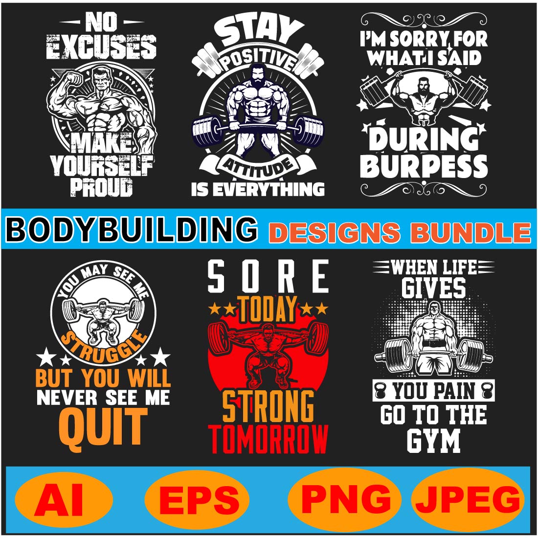 Bodybuilding/Gym T shirt designs bundle preview image.