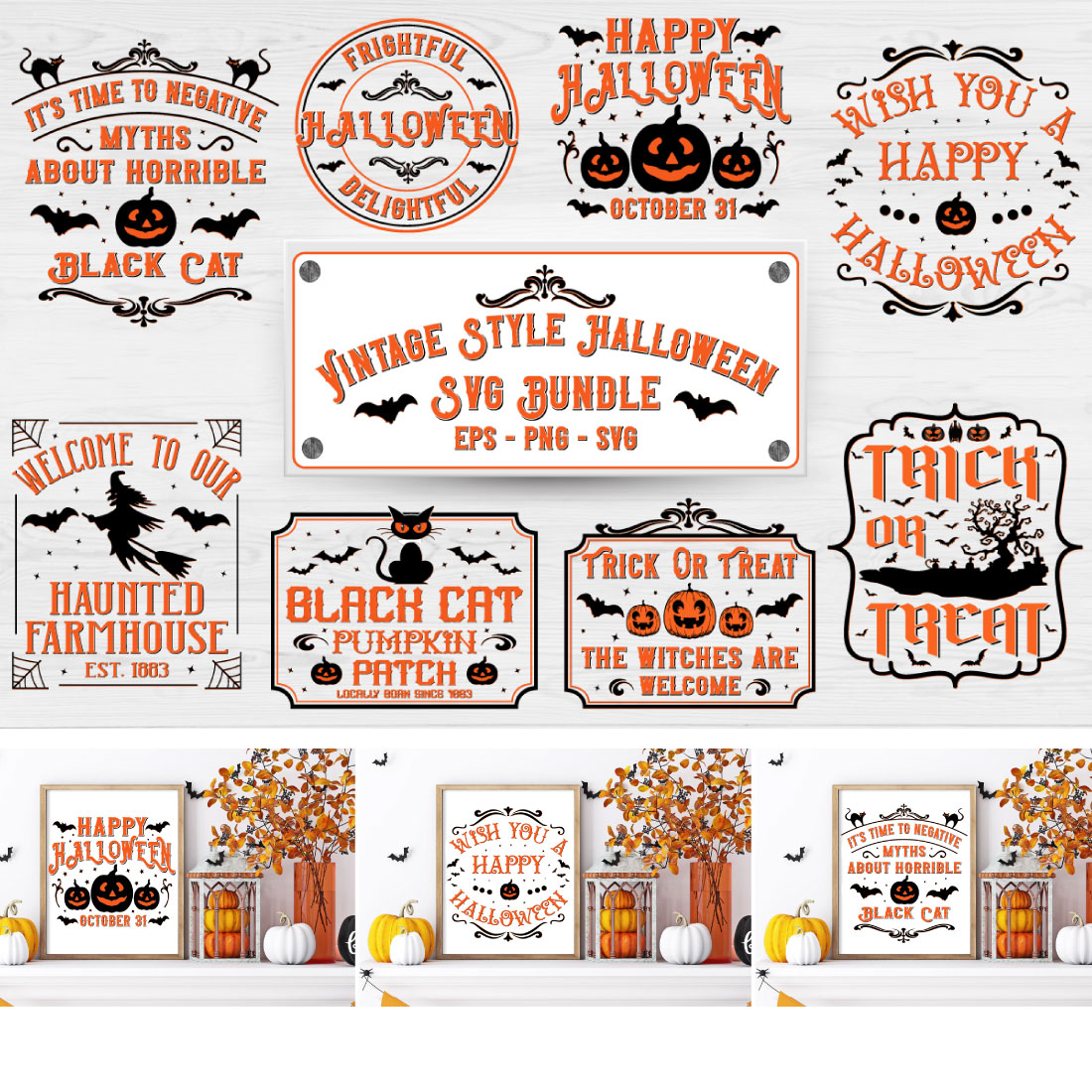 Vintage Style Halloween Svg Bundle 10 Designs preview image.