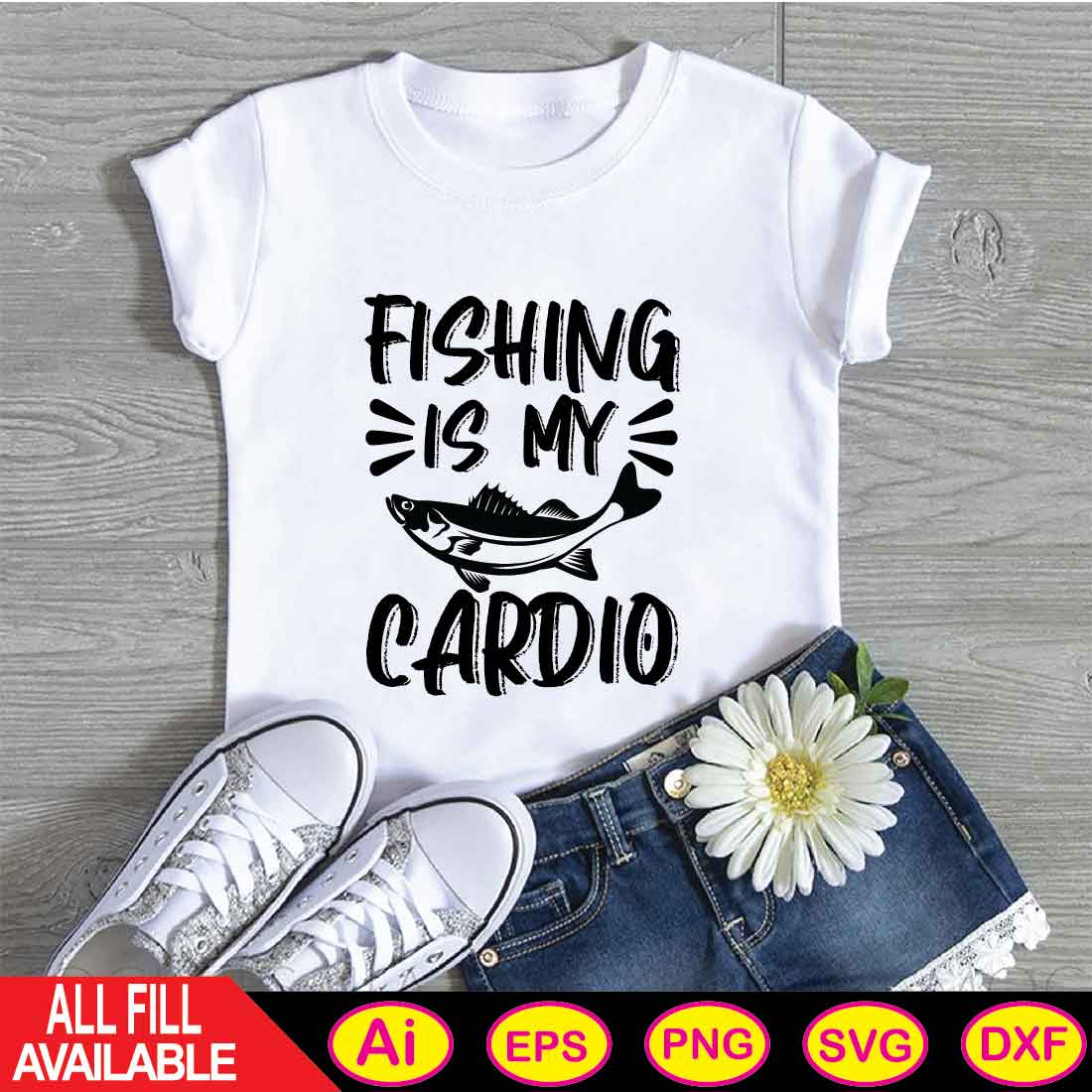Fishing Is My Cardio t-shirt design cover image.