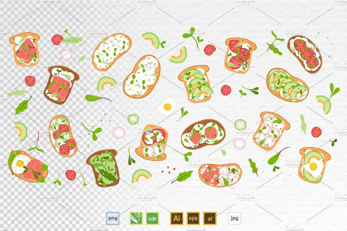 Sandwich with different toppings on a white background.