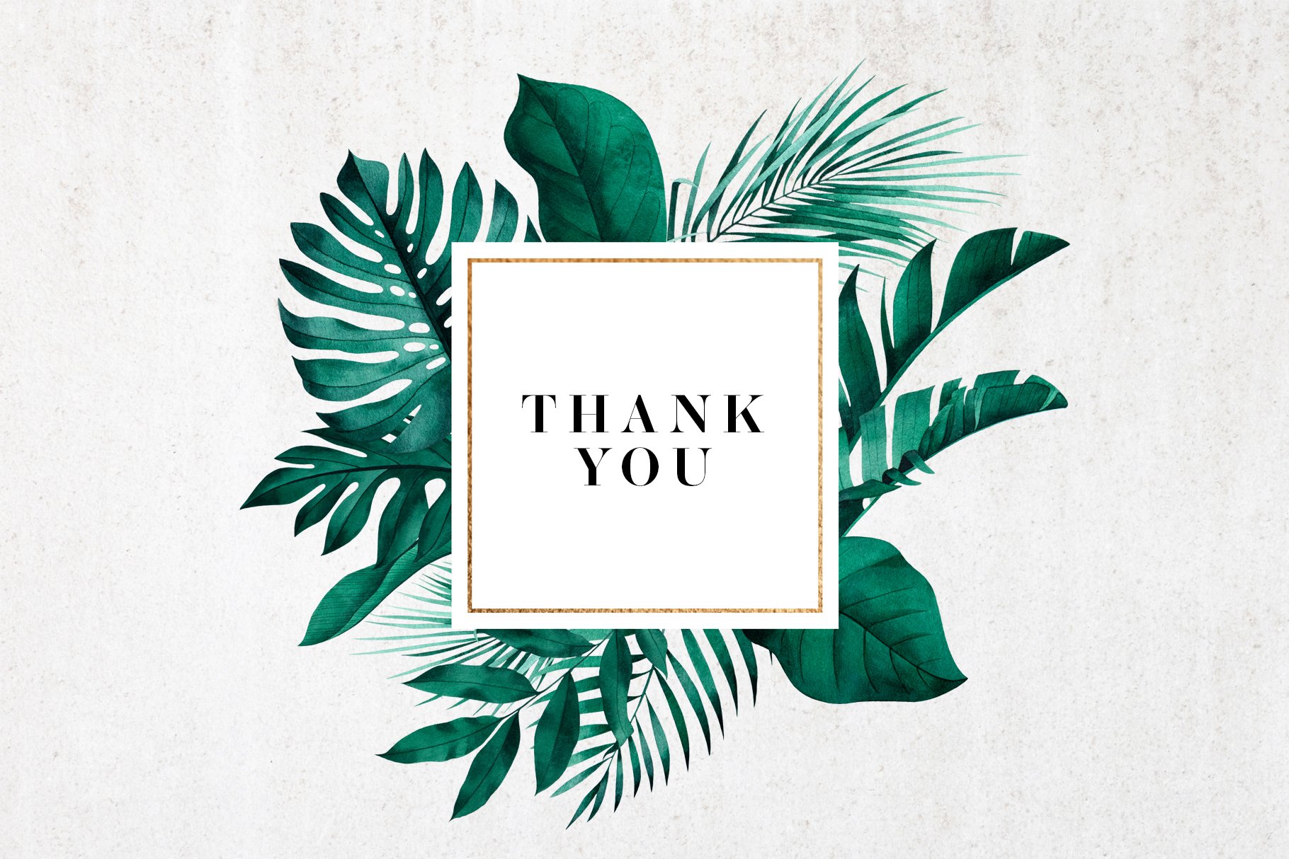 Thank card with green leaves on a white background.