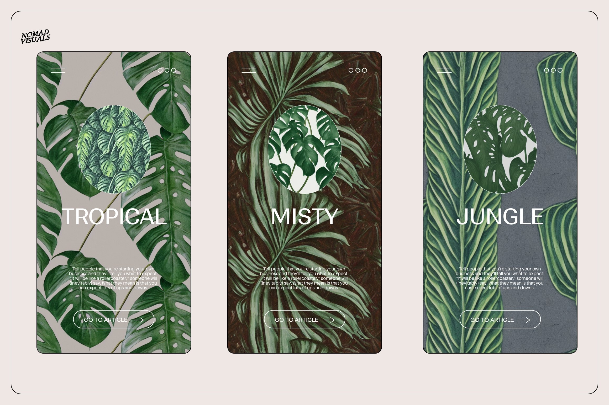Set of three vertical banners with tropical plants.