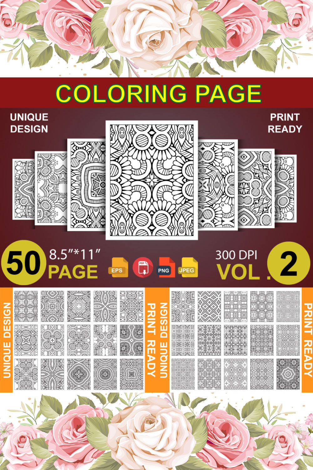 50 Adult Coloring Book Page For KDP pinterest preview image.