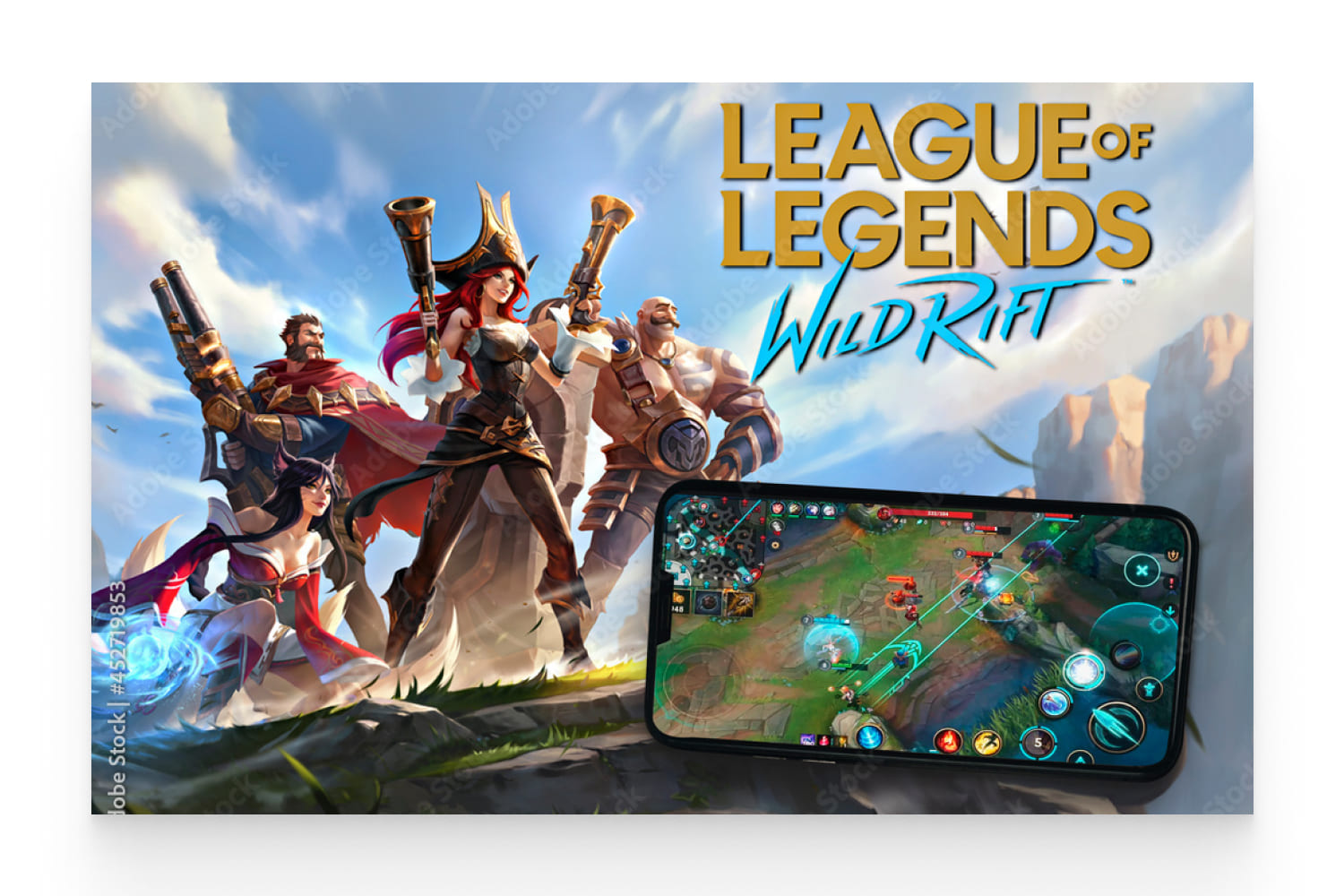 League of Legends Wild Rift game app on the smartphone screen in the background with game image.