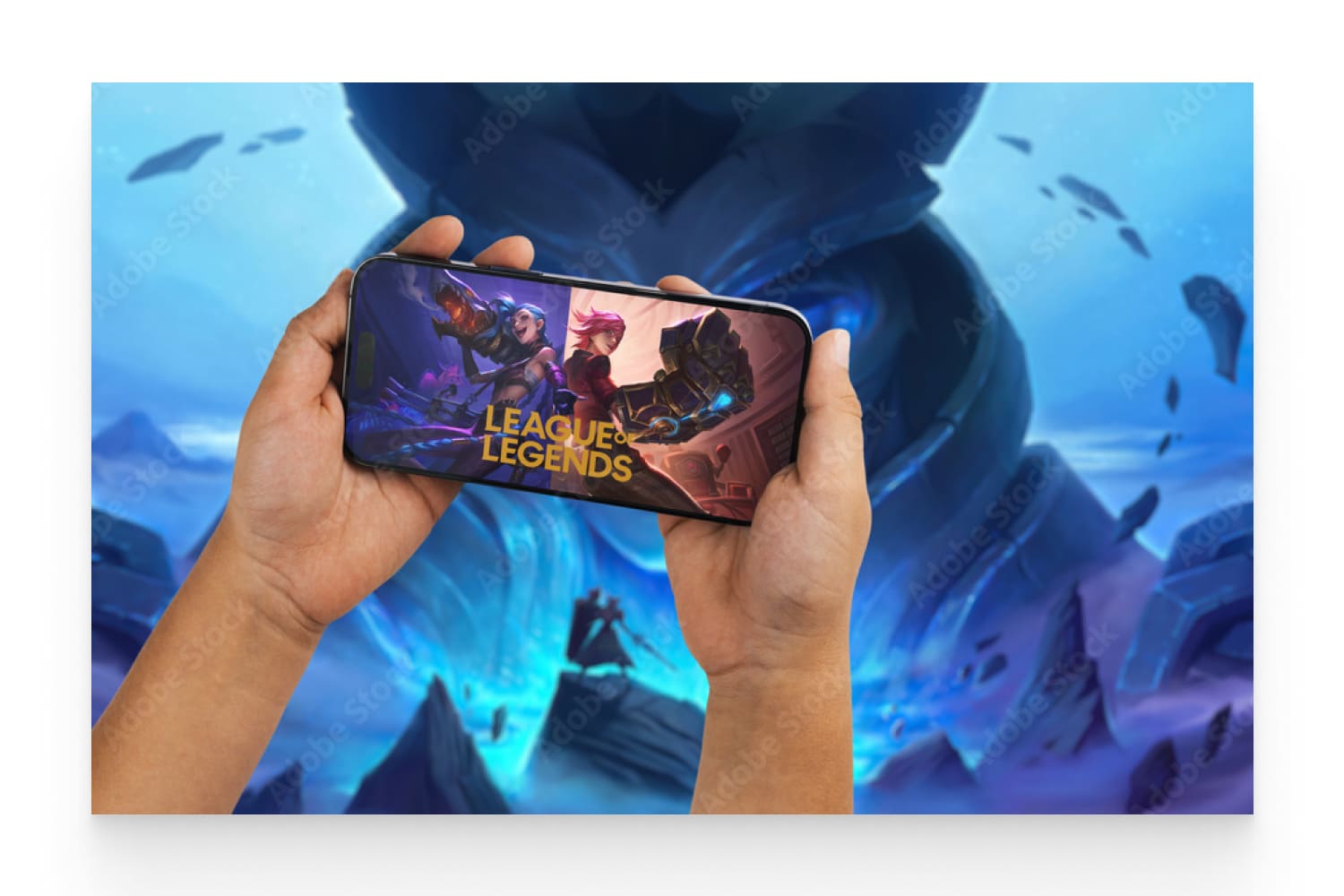 Child holding a smartphone iPhone 14 Pro with League of Legends.