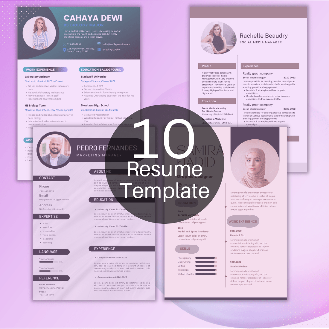 Set of three resume templates with a purple background.