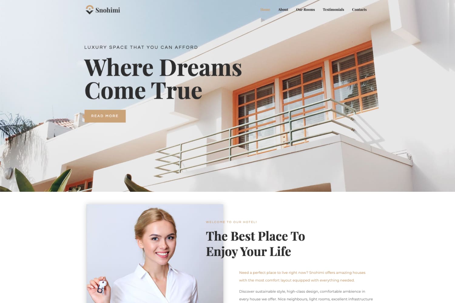 The main page of the hotel website with a photo of a balcony and a girl with keys.