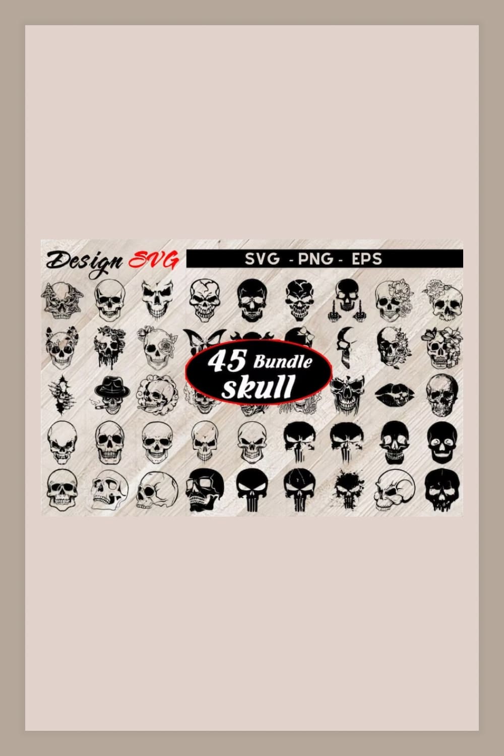 Collage of different variants of images of skulls on a beige background.