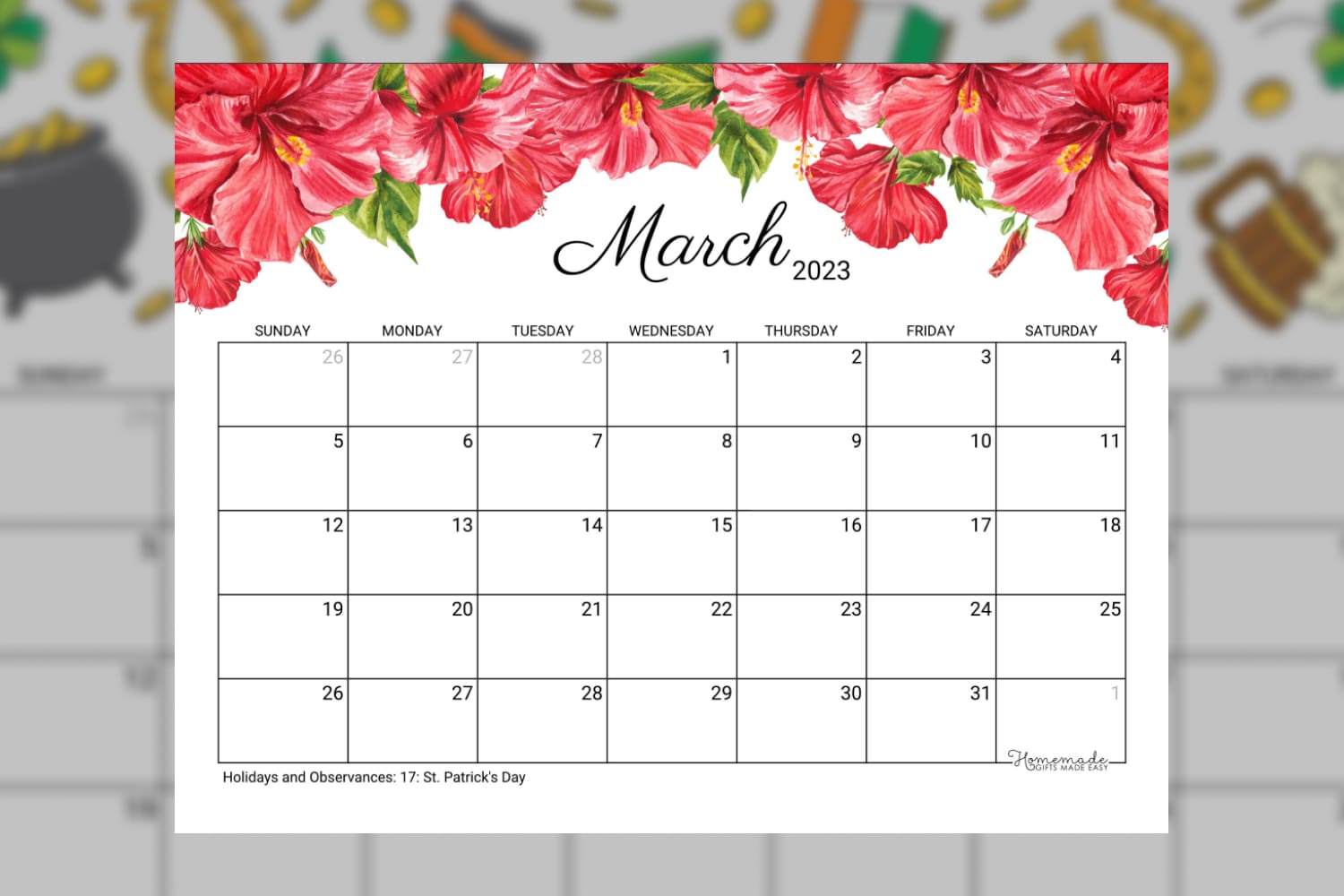March calendar template in colorful design with illustrations of hibiscus flowers and tropical leaves.