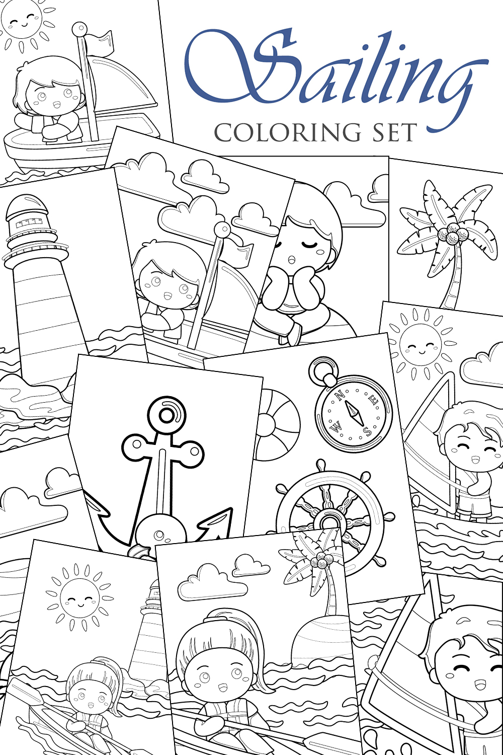 Sailing Nautical Sea Coloring Pages Activity For Kids And Adult pinterest preview image.
