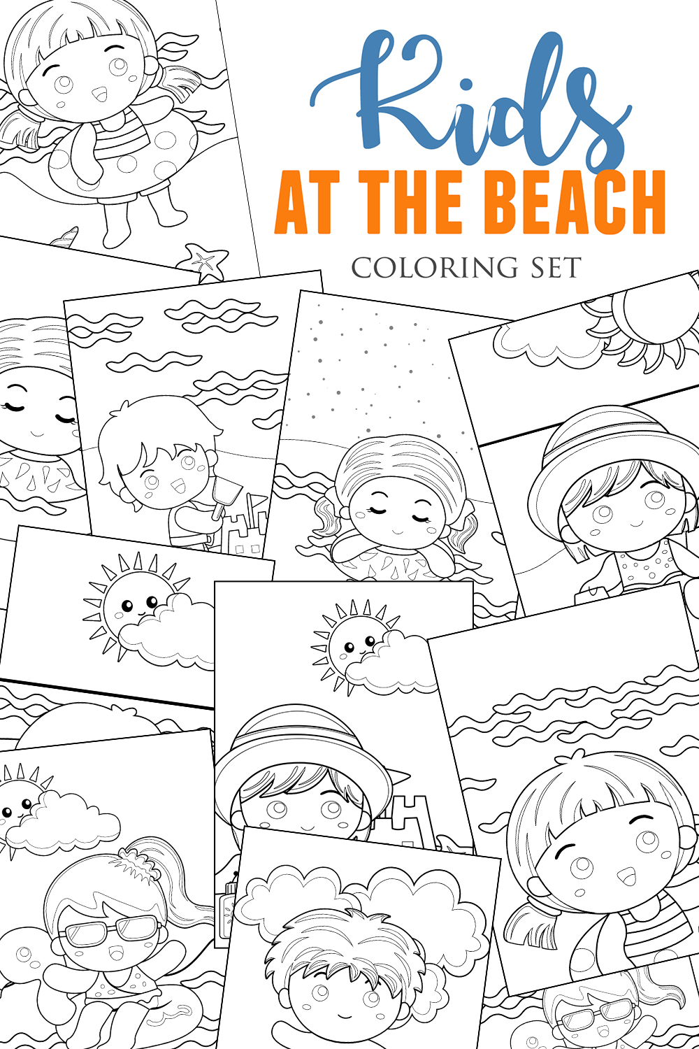 Summer Kids at the Beach Holiday Coloring Pages Activity For Kids And Adult pinterest preview image.