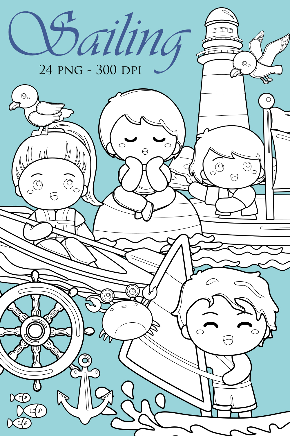 Sailing Nautical Sea Scrapbook Digital Stamp pinterest preview image.