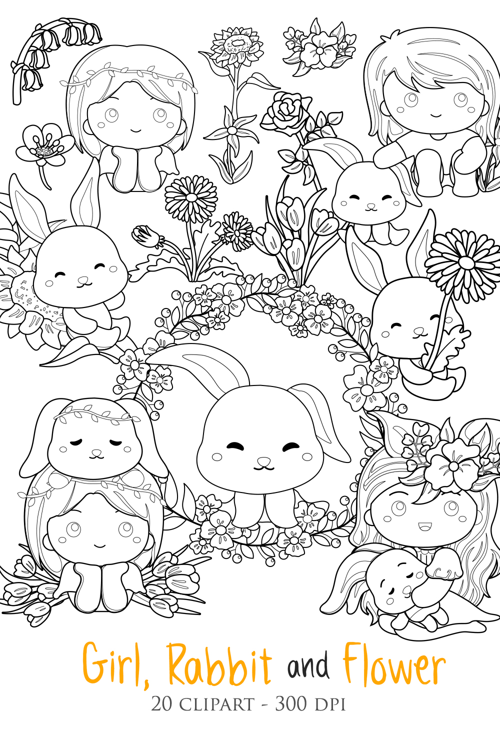 Girl Rabbit Flower animal cute kids Scrapbook Digital Stamp pinterest preview image.