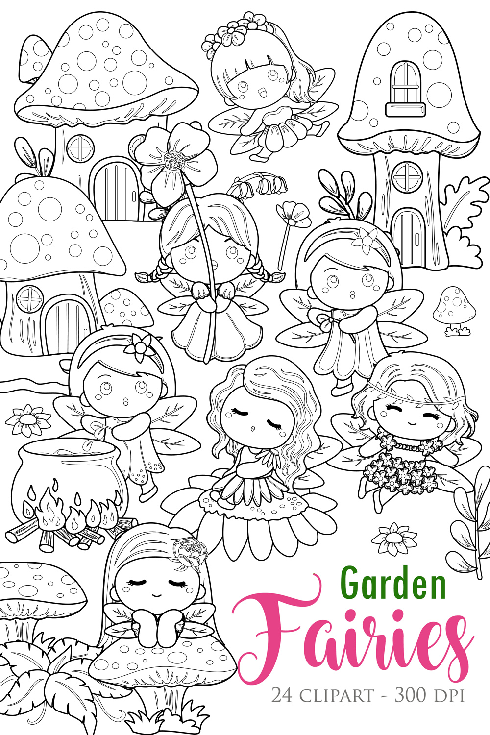 Garden Fairies Spring Season Angel Wings Colorful Scrapbook Digital Stamp pinterest preview image.