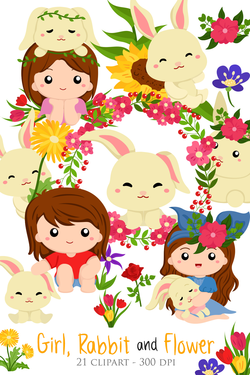 Girl Rabbit Flower Kids Colorful Cute Vector Clipart Illustrations pinterest preview image.