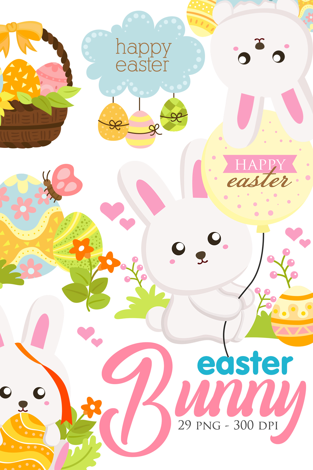 Collage with cute easter bunnies and eggs and balloons.