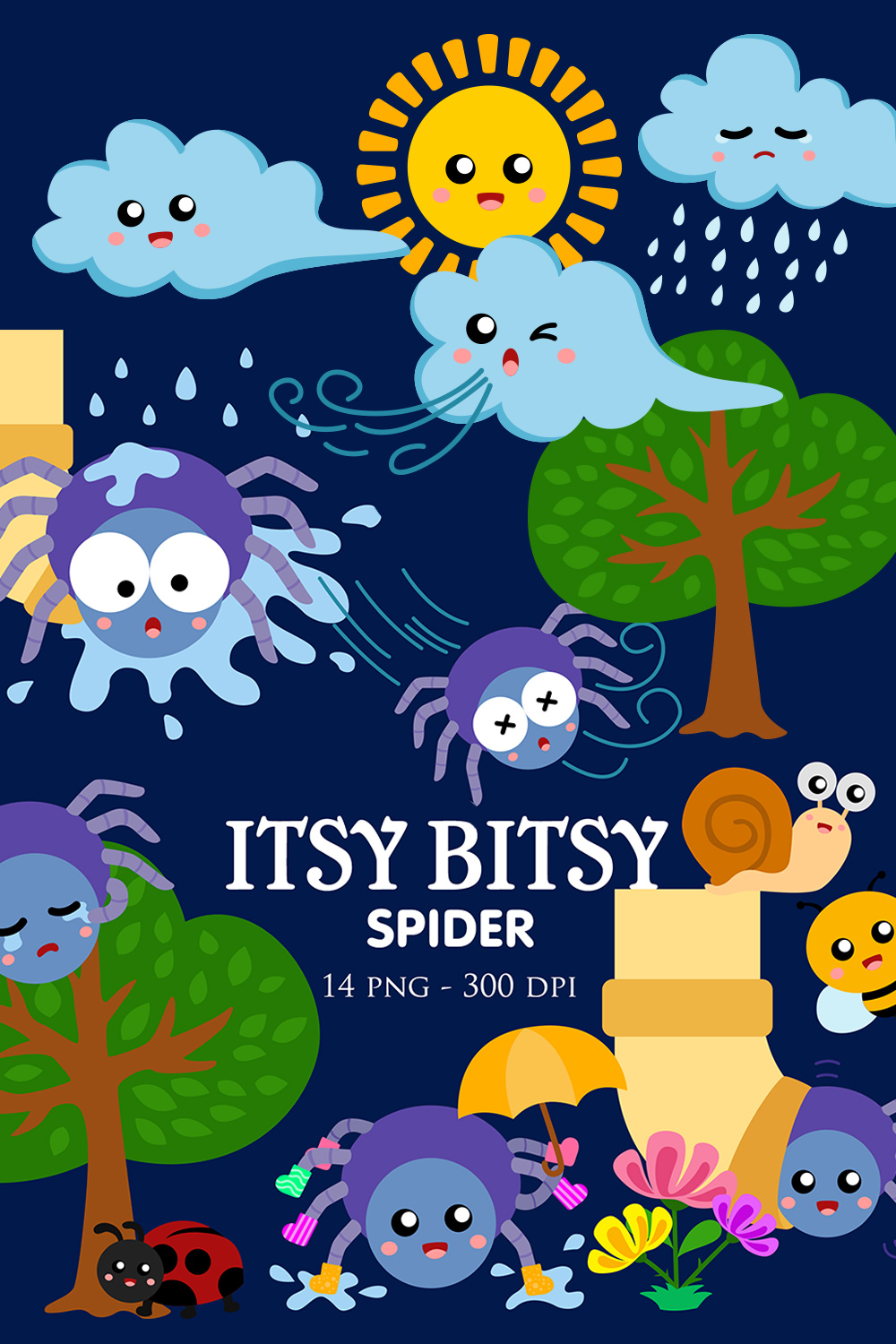 Itsy Bitsy Spider Classing Song Rhymes Kids Bedtime Story Vector Clipart Illustrations pinterest preview image.