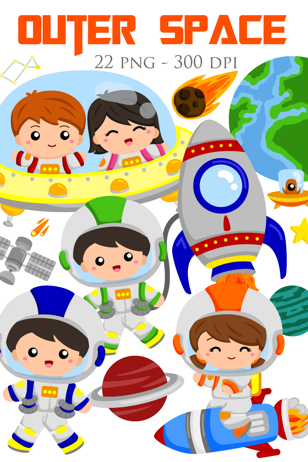 Outer Space Cute Kids Boy Girl Solar System Vector Clipart Illustrations pinterest preview image.