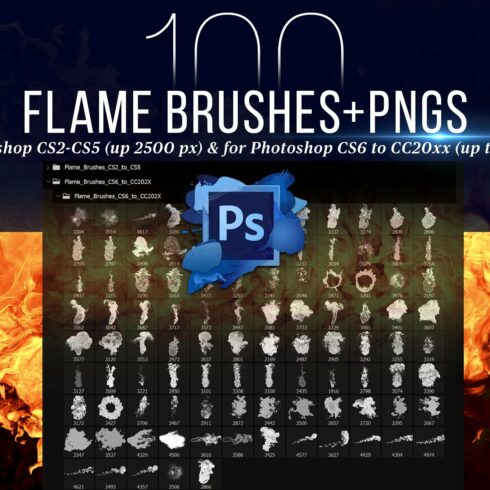 100 Photoshop Flame Brushes + PNGscover image.