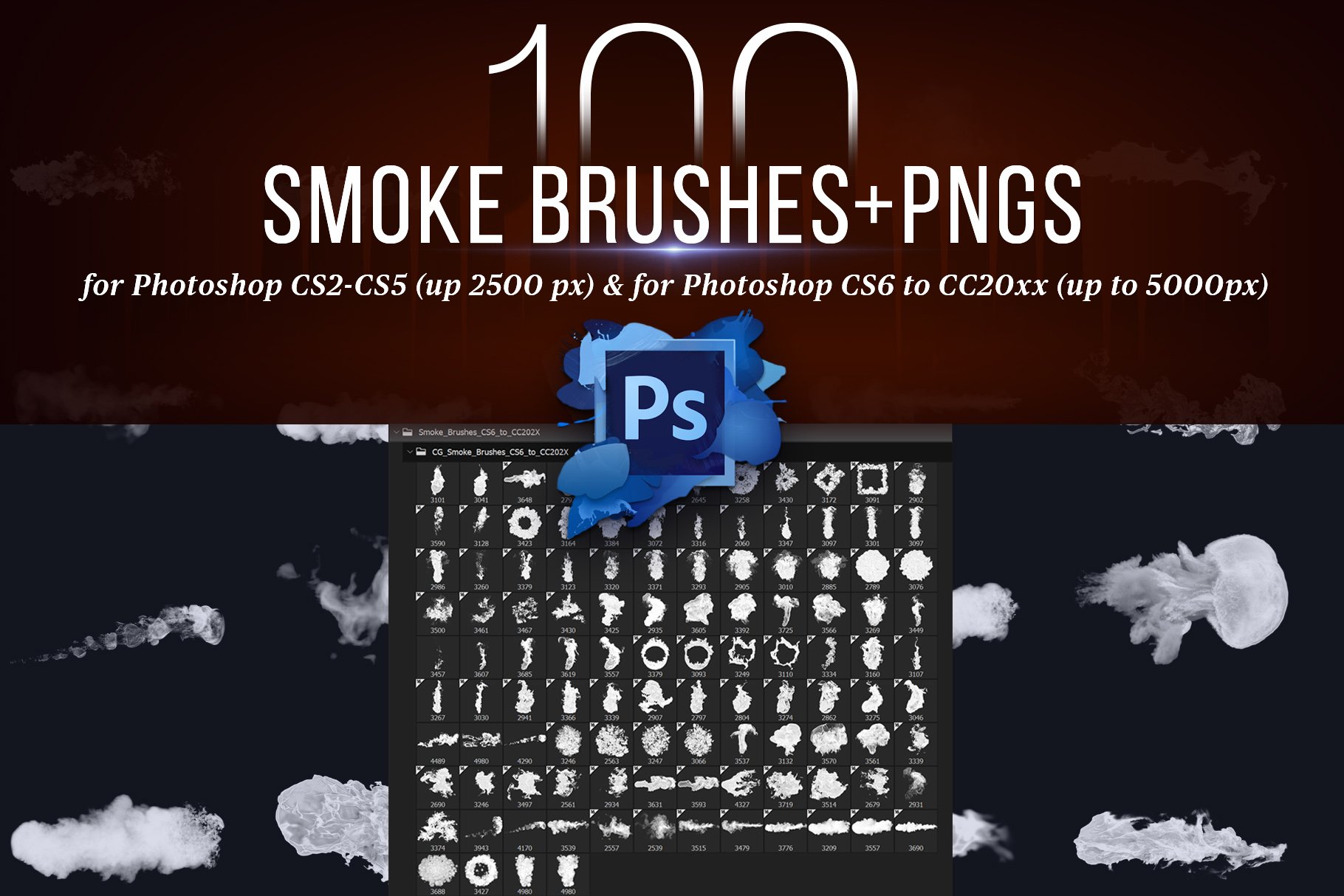 100 Photoshop Smoke Brushes + PNGscover image.