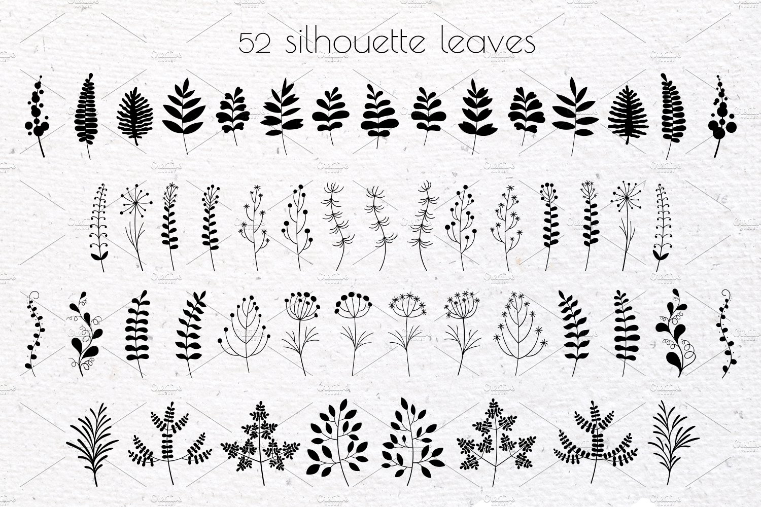 Set of silhouettes of plants and leaves.