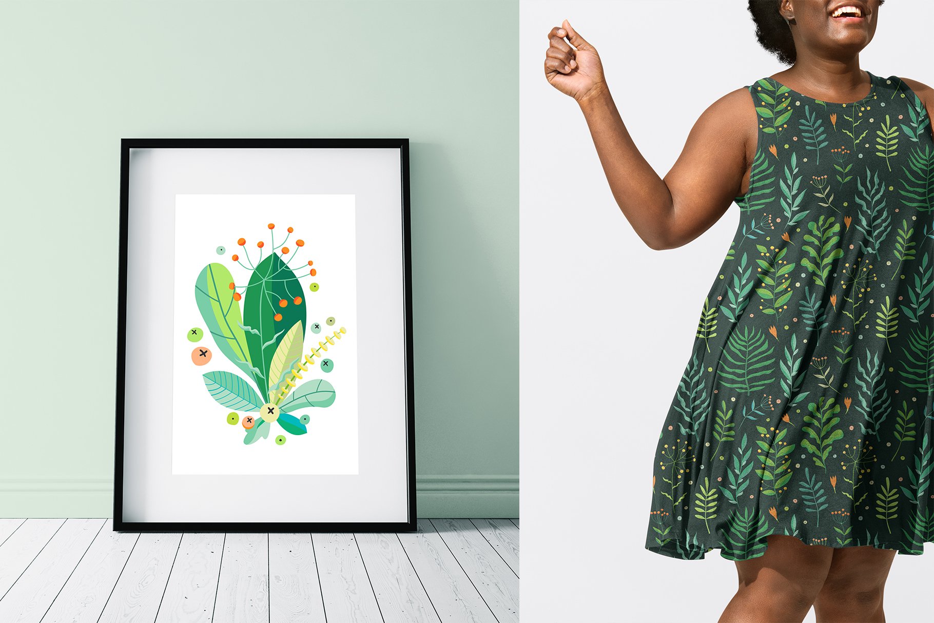 Woman standing next to a picture of a plant.