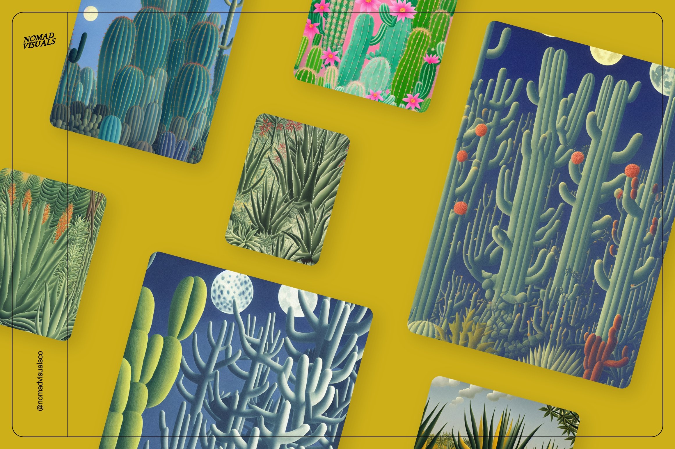 Bunch of different cactus designs on a yellow background.
