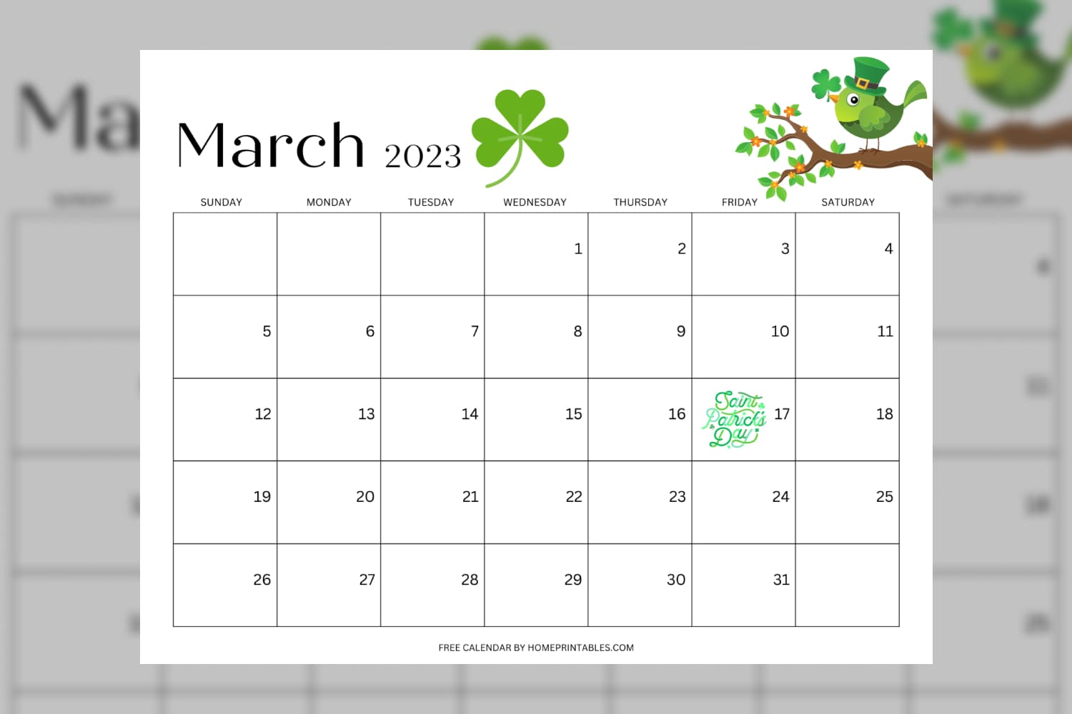 March calendar template with bold and minimalistic design.